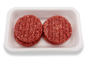 Raw hamburgers in food plastic tray white, isolated on white, clipping path