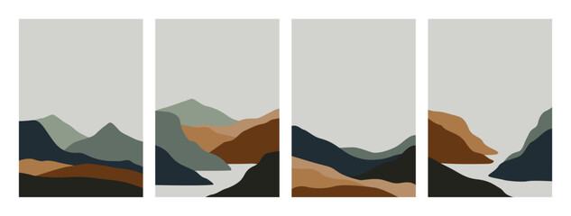 Mountain landscape posters. Abstract geometric boho backgrounds hill scenery silhouette, contemporary banner. Vector set - obrazy, fototapety, plakaty