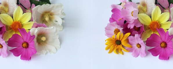 Pink flowers in a festive bouquet on a white background. Summer flower arrangement. Background for a greeting card.