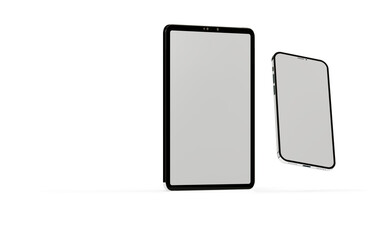 Gadgets including smartphone, digital tablet and laptop, blank screen with