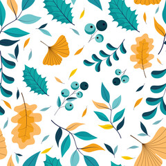 Fototapeta na wymiar Fall pattern with trendy color seasonal leaves. Modern tropical seamless pattern