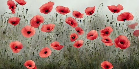 A Painting Of A Field Of Red Flowers, Magical Poppies Watercolor Painting Abstract Texture Concept Background Wallpaper.