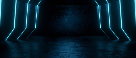 Futuristic Minimal Scifi Alien Reflective Concrete Corridor Tunnel Empty Room Light Blue Turquoise 8k Banner Background.Cyber Monday Black Friday Concept