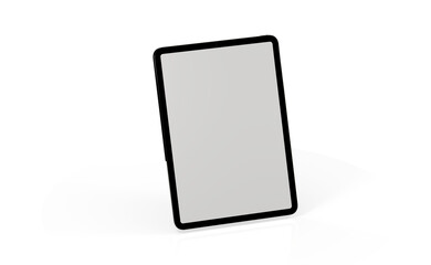 Modern tablet computer stand with blank screen isolated on white background