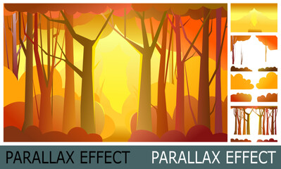 Fototapeta na wymiar Forest pathway. Trees illustration. Dense wild plants with tall, branched trunks. Autumn orange landscape.Image from layers for overlay with parallax effect. Vector.