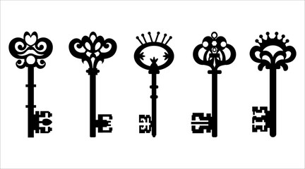 Old ornate key vector icon set isolated on white background