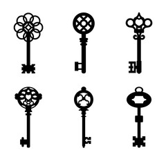 Obraz premium Old ornate key vector icon set isolated on white background