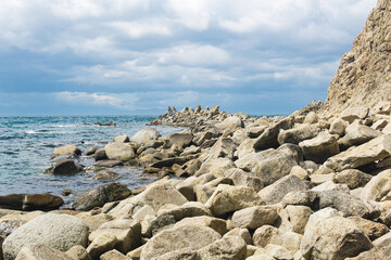 sharp jagged basalt rocks on the sea coast, Cape Stolbchaty on Kunashir Island