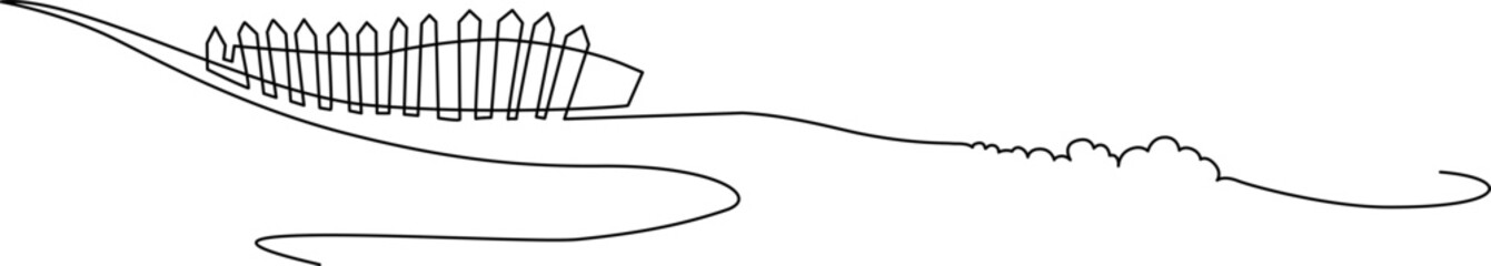 Fototapeta premium Old crooked picket fence on the border with the field. Landscape. Continuous line drawing. Vector illustration.
