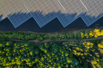 Top-down of solar energy grid on the water