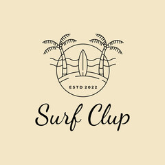 surfboard with surf club badge logo line art design vector illustration template