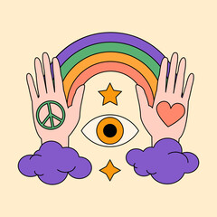 Happy hippie peace symbols. Love peace joy. Groovy 60s 70s sticker. Funky cartoon rainbow, peace, Love, heart, pacific, eye of providence etc. Trendy retro psychedelic style. Good vibes. Stay groovy.