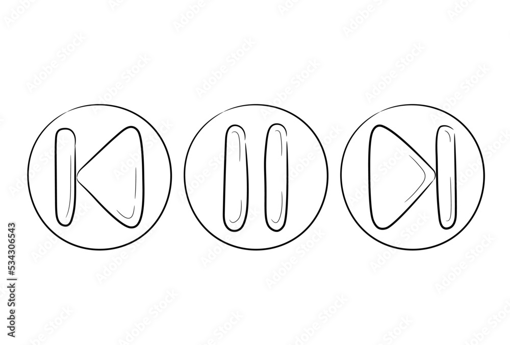 Fototapete a collection of hand-drawn music and video rewind and stop icon sets. start play and pause button in