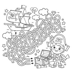 Maze or Labyrinth Game. Puzzle. Tangled road. Coloring Page Outline Of Cartoon pirate with chest of treasure. Pirate ship. Coloring Book for kids.