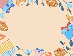 Fototapeta premium Jewish holiday Hanukkah greeting card and banner design. flat doodle vector illustration