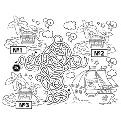 Fototapeta premium Maze or Labyrinth Game. Puzzle. Tangled road. Coloring Page Outline Of cartoon pirate ship with treasure island. Coloring book for kids.