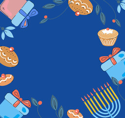 Jewish holiday Hanukkah frame greeting card and banner design. flat doodle vector illustration