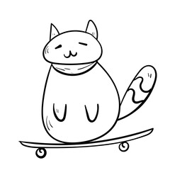 Cute doodle cat on skateboard. Animal pet icon. Black line art on white background.