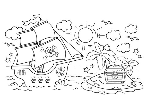 Coloring Page Outline Of Cartoon pirate ship with treasure island. Sailboat with black sails with skull in sea. Coloring book for kids.