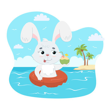 White rabbit in the sea with a circle and a cocktail. Cute summer character on vacation. Character outdoors vector illustration in flat cartoon style.