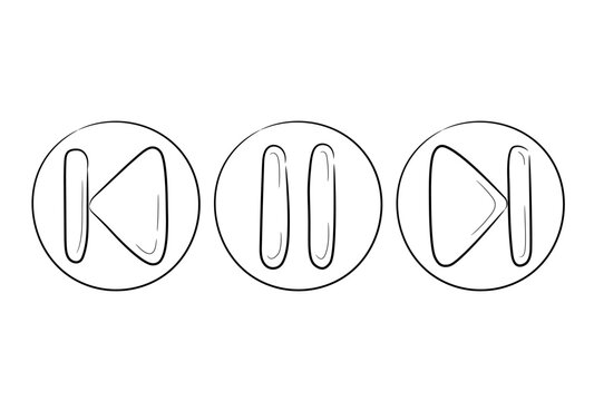 A collection of hand-drawn music and video rewind and stop icon sets. Start play and pause button in doodle sketch style. A simple doodle drawing scheme. Vector illustration.