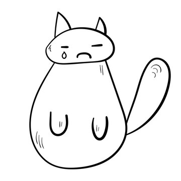 Sad cat doodle illustration. Animal pet icon. Black line art on white background.