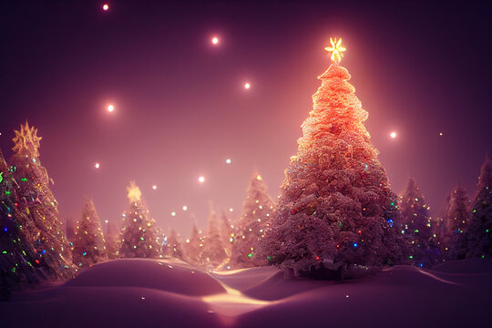 Digital illustration of magic christmas tree against snowy landscape with fir trees and shining stars in the sky background