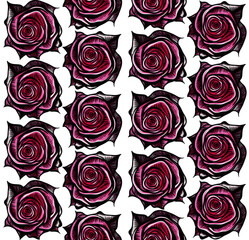 Seamless vector pattern made of red roses flowers with leaves on white