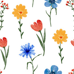 Seamless floral pattern with multi-colored flowers on a white background.	
