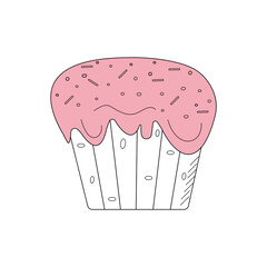 Cupcake, cake with icing and caramel. Food, dessert, sweets in doodle style. Sweet pastries. Vector illustration isolated background.