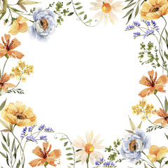 Watercolor frame of colorful flowers . hand painted for design and invitations.