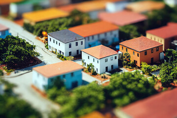 modern generic suburb style miniature model of houses neighborhood with tilt-shift focus technique - mixed 3D with manual matte painting digital image - obrazy, fototapety, plakaty