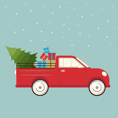 Christmas and New Year car with christmas tree and gifts. Christmas card with snowflake. Greeting card. Xmas design. Christmas poster 2023