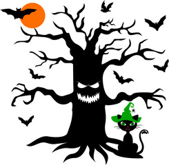 Big tree with eyes, mouth. Full moon and bats. Cat. Halloween. Black silhouette.
