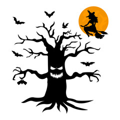 Big tree with eyes, mouth. Full moon and bats. Witch on a broom. Halloween. Black silhouette.