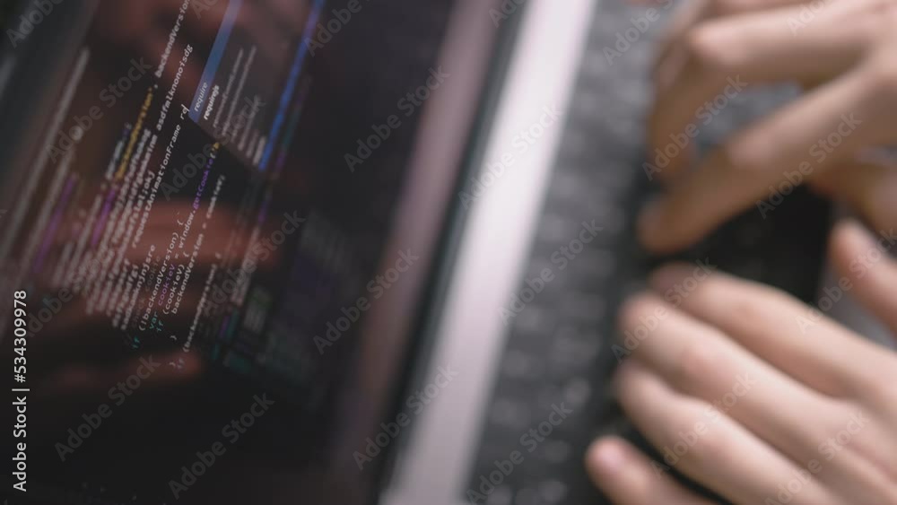 Wall mural top view of laptop screen with code writing, programmer coding software in office