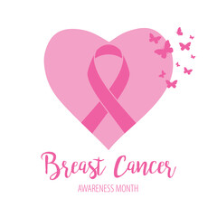Breast cancer awareness month with heart ribbon butterfly sign and pink ribbons vector illustration design poster layout.