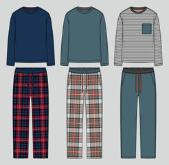 Men's loungewear set. Oversized long sleeve t-shirt and relaxed fit pants. Pyjama set. Fashion sketch. Flat technical drawing. Vector illustration.