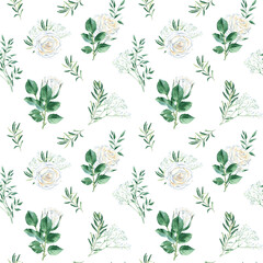 Seamless pattern with white roses, gypsophila, pistachio and olive branches. Romantic style. Watercolor illustration. Can be used for wedding prints, gift wrapping paper, backgrounds for Valentine's