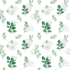 Seamless pattern with white roses, gypsophila, pistachio and olive branches. Romantic style. Watercolor illustration. Can be used for wedding prints, gift wrapping paper, backgrounds for Valentine's