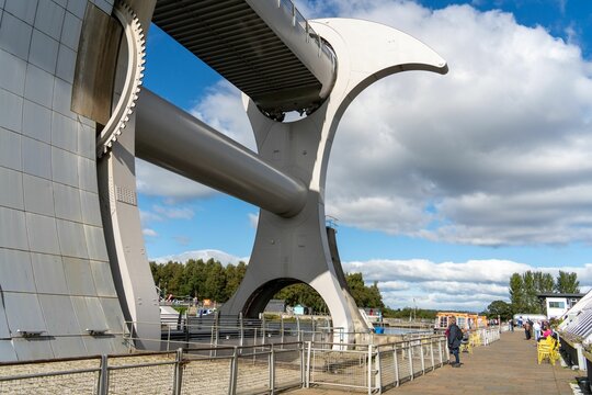 The Falkirk Wheel rotating boat lift connecting the Forth and Clyde Canal in Falkirk, Scotland, UK