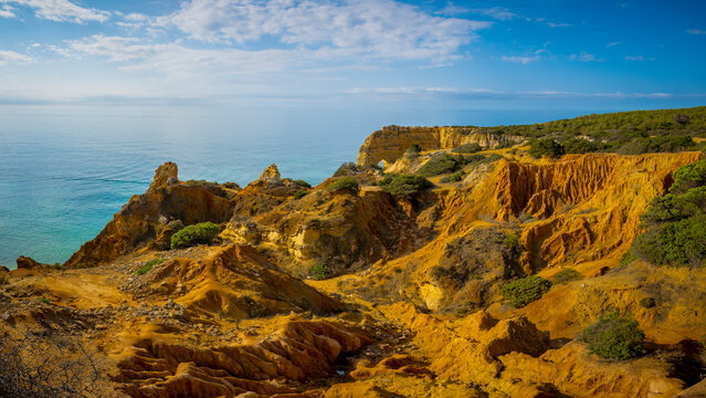 Panorama landscape on the seven hanging valleys famous hike on the Algarve coast in Portugal.