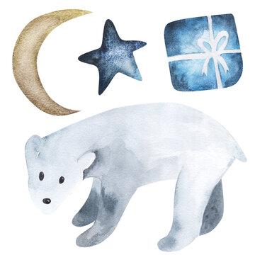 Watercolor bear set. Star and moon present