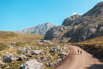 mother with a child on a hike walk along the road