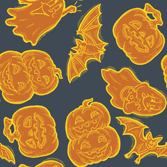 Halloween seamless vector pattern with pumpkin, spider, cat. Decor for party celebration, fabric print. textile design, backdrop, background, wrapping paper, scrapbooking. Hand drawn cartoon character