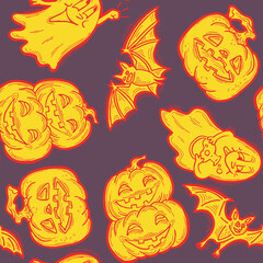 Halloween seamless vector pattern with pumpkin, spider, cat. Decor for party celebration, fabric print. textile design, backdrop, background, wrapping paper, scrapbooking. Hand drawn cartoon character