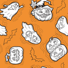 Halloween seamless vector pattern with pumpkin, spider, cat. Decor for party celebration, fabric print. textile design, backdrop, background, wrapping paper, scrapbooking. Hand drawn cartoon character