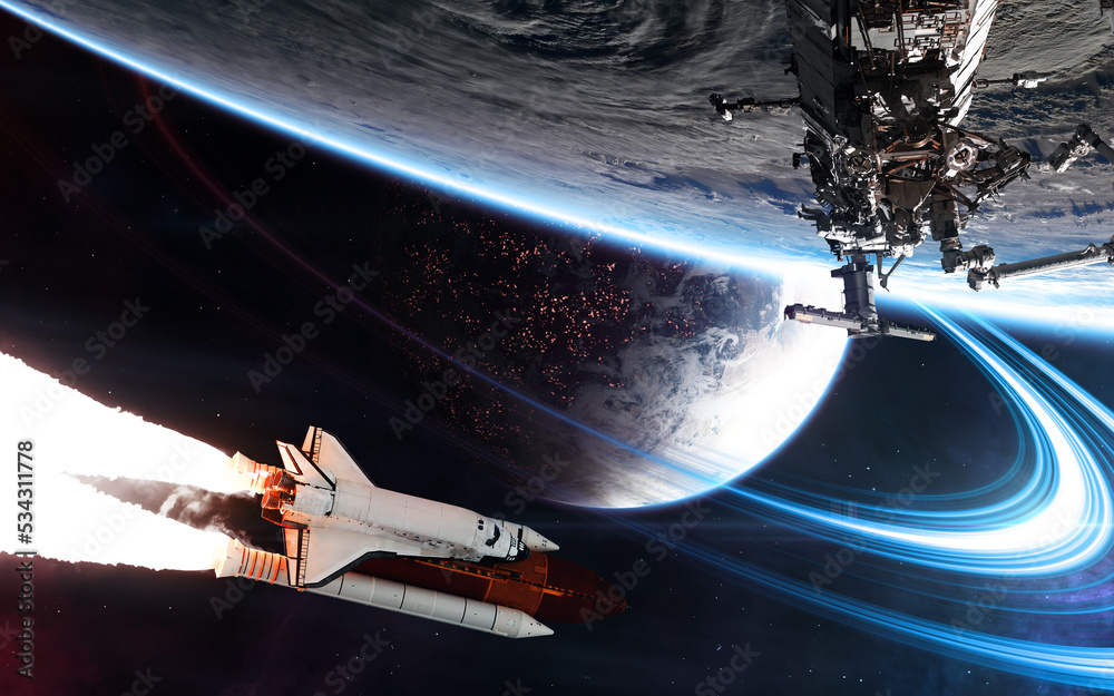 Sticker space station and shuttle in planet orbit. deep space planets. science fiction. elements of this ima