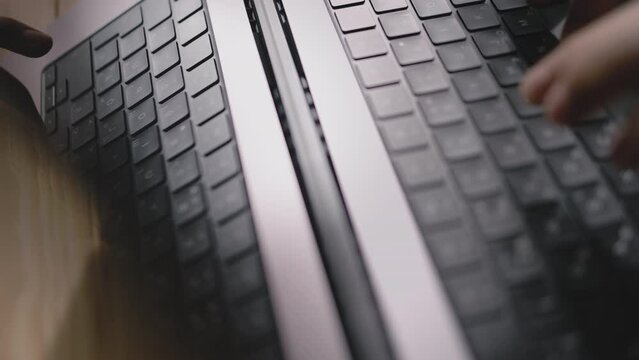 Top view of laptop screen with code writing, programmer coding software in office