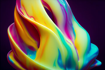 Obraz na płótnie Canvas Mix color liquid splashes, swirl and waves with scatter drops. paint, oil or ink splashing dynamic motion, design elements for advertising isolated on black background. 3d render